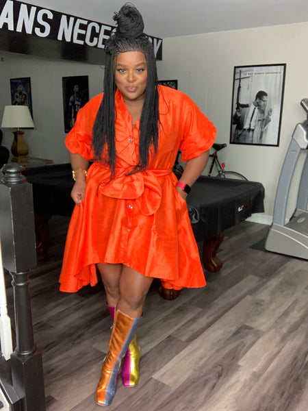 Faux Silk Ruffle Sleeve Swing Dress OS