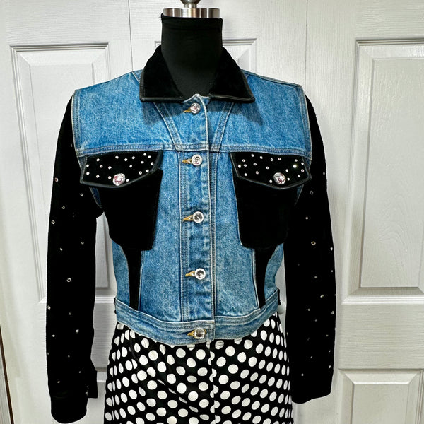 Vintage Blue and Black Rhinestone &  Leather Jean Jacket