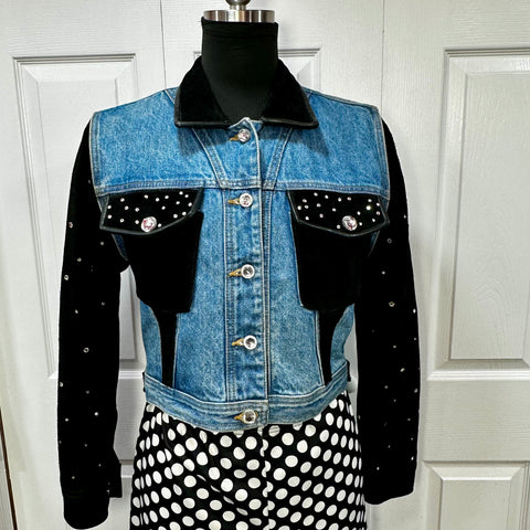 Vintage Blue and Black Rhinestone &  Leather Jean Jacket