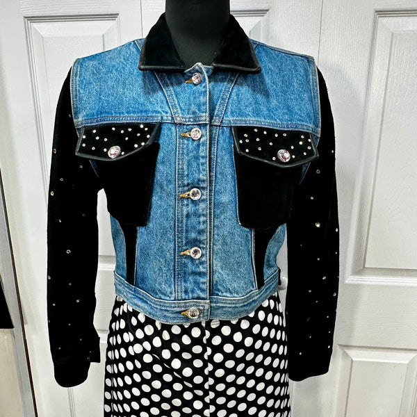 Vintage Blue and Black Rhinestone &  Leather Jean Jacket
