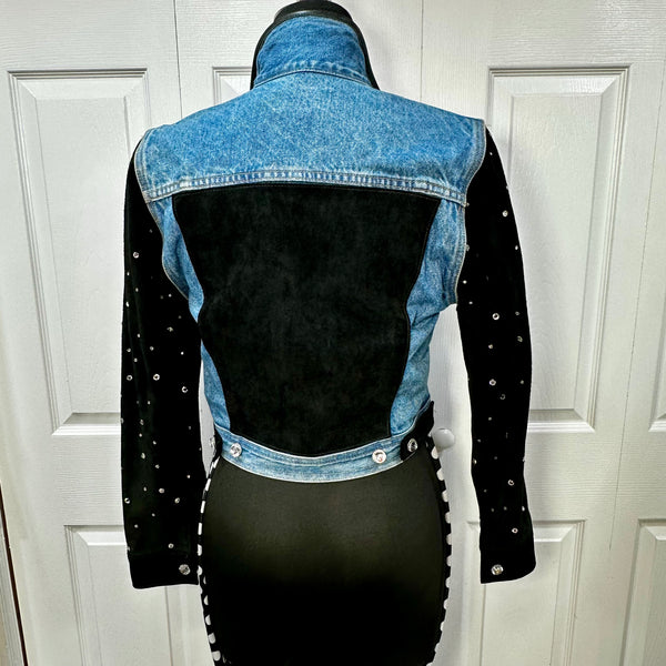 Vintage Blue and Black Rhinestone &  Leather Jean Jacket