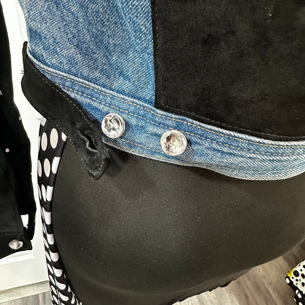 Vintage Blue and Black Rhinestone &  Leather Jean Jacket