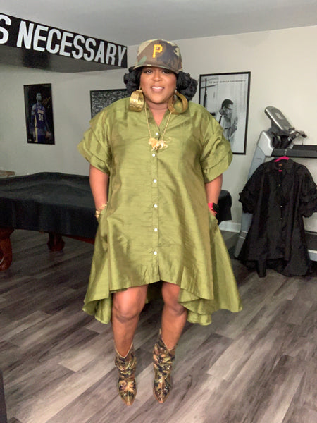 Faux Silk Ruffle Sleeve Swing Dress OS