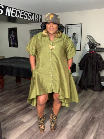 Faux Silk Ruffle Sleeve Swing Dress OS
