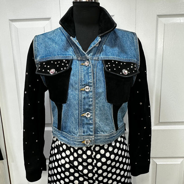 Vintage Blue and Black Rhinestone &  Leather Jean Jacket