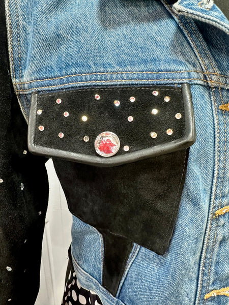 Vintage Blue and Black Rhinestone &  Leather Jean Jacket