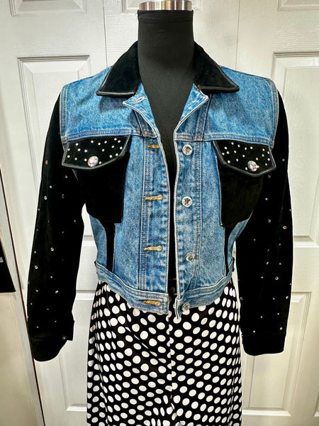 Vintage Blue and Black Rhinestone &  Leather Jean Jacket