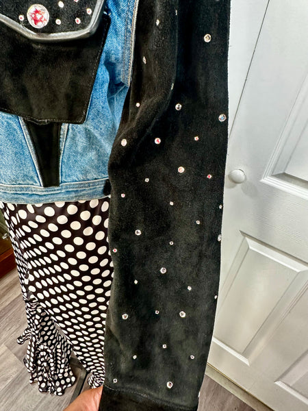 Vintage Blue and Black Rhinestone &  Leather Jean Jacket