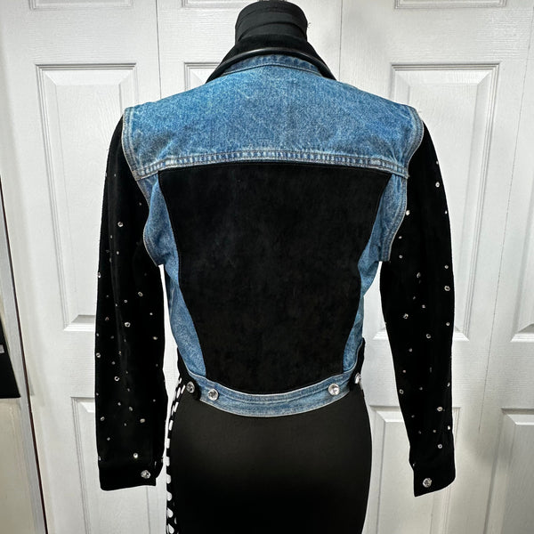 Vintage Blue and Black Rhinestone &  Leather Jean Jacket