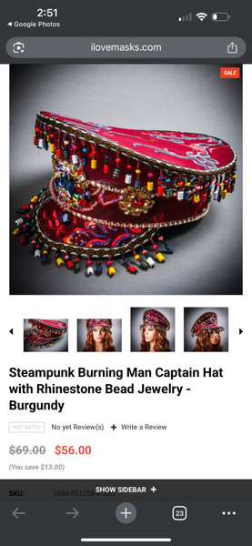 SteamPunk Beaded Sequin Capt Hat 22"/56cm