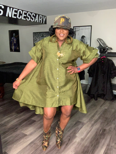Faux Silk Ruffle Sleeve Swing Dress OS