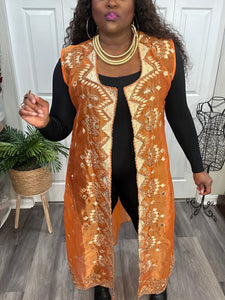 Orange Semi-Sheer Rayon Beaded Sleeveless Duster