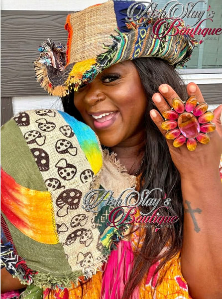 Patchwork Frayed Bucket Hat-Unisex (Mushroom or No Mushroom Patch) (One of a Kind-PatchWork Colors and Designs Vary on Each Hat) (Ready to Ship)
