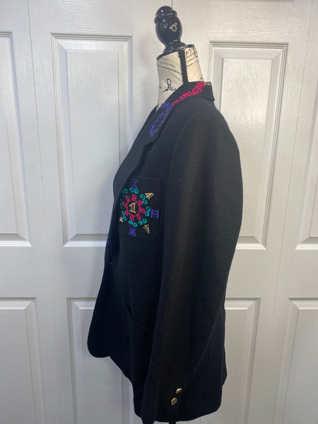 90s Typography & Numbers Embroidered Tailored Black Blazer Jacket Sz 6