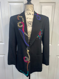 90s Typography & Numbers Embroidered Tailored Black Blazer Jacket Sz 6