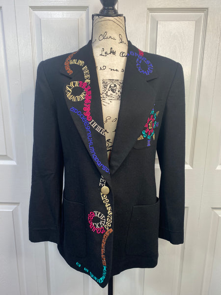 90s Typography & Numbers Embroidered Tailored Black Blazer Jacket Sz 6