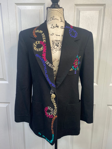 90s Typography & Numbers Embroidered Tailored Black Blazer Jacket Sz 6