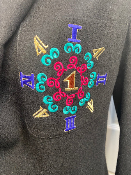 90s Typography & Numbers Embroidered Tailored Black Blazer Jacket Sz 6