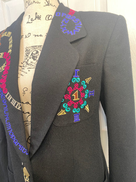90s Typography & Numbers Embroidered Tailored Black Blazer Jacket Sz 6