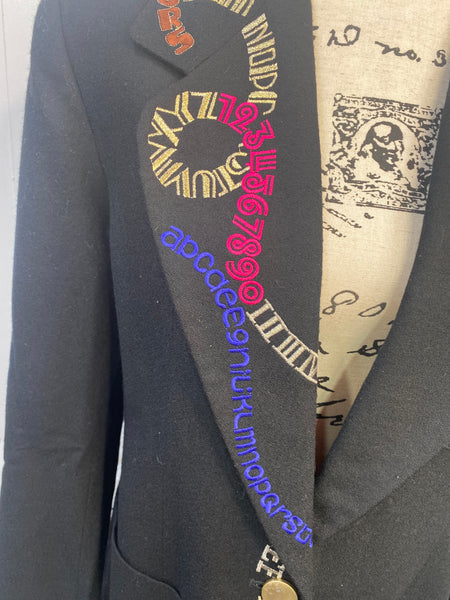90s Typography & Numbers Embroidered Tailored Black Blazer Jacket Sz 6